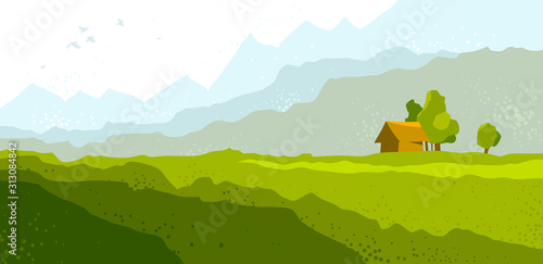 Beautiful scenic nature landscape vector illustration summer or spring season with grasslands meadows hills and mountains, hiking traveling trip to the countryside concept.