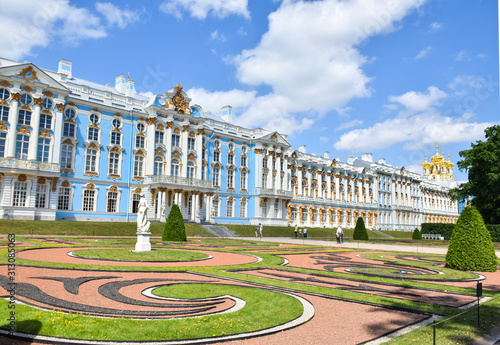 view for the russian landmark Catherine royal gold Palace and outdoor park and garden , Rococo palace located in the town of Tsarskoye in St petersburg ,Pushkin Russia