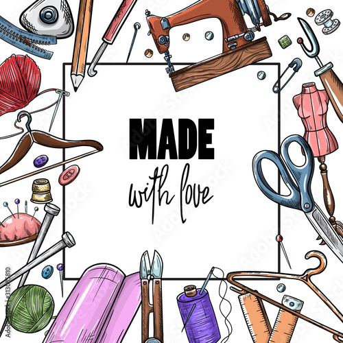 Tailor or dressmaker work and fashion designer atelier sketch items. Vector sewing illustration in retro vintage style