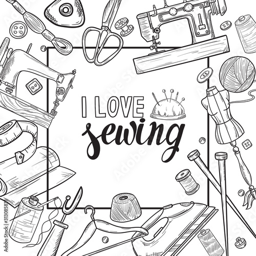 Tailor or dressmaker work and fashion designer atelier sketch items. Vector sewing illustration in retro vintage style