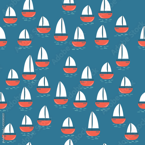 Boats, hand drawn seamless pattern. Marine background vector. Colorful illustration, overlapping backdrop. Decorative cute wallpaper, good for printing