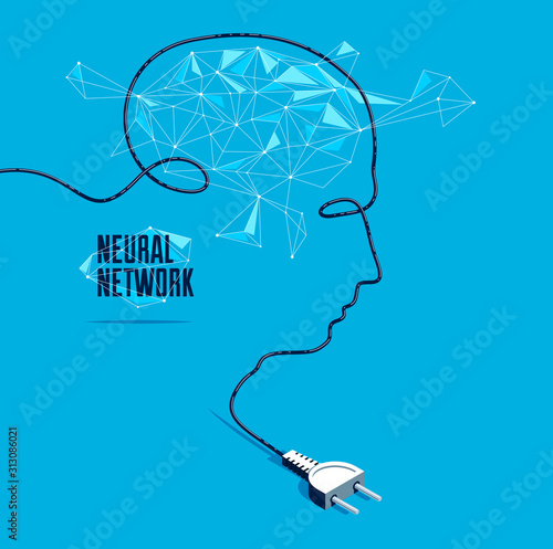 Neural network artificial intelligence vector concept with plug in a shape of man head silhouette and connected lines, technology and science theme.