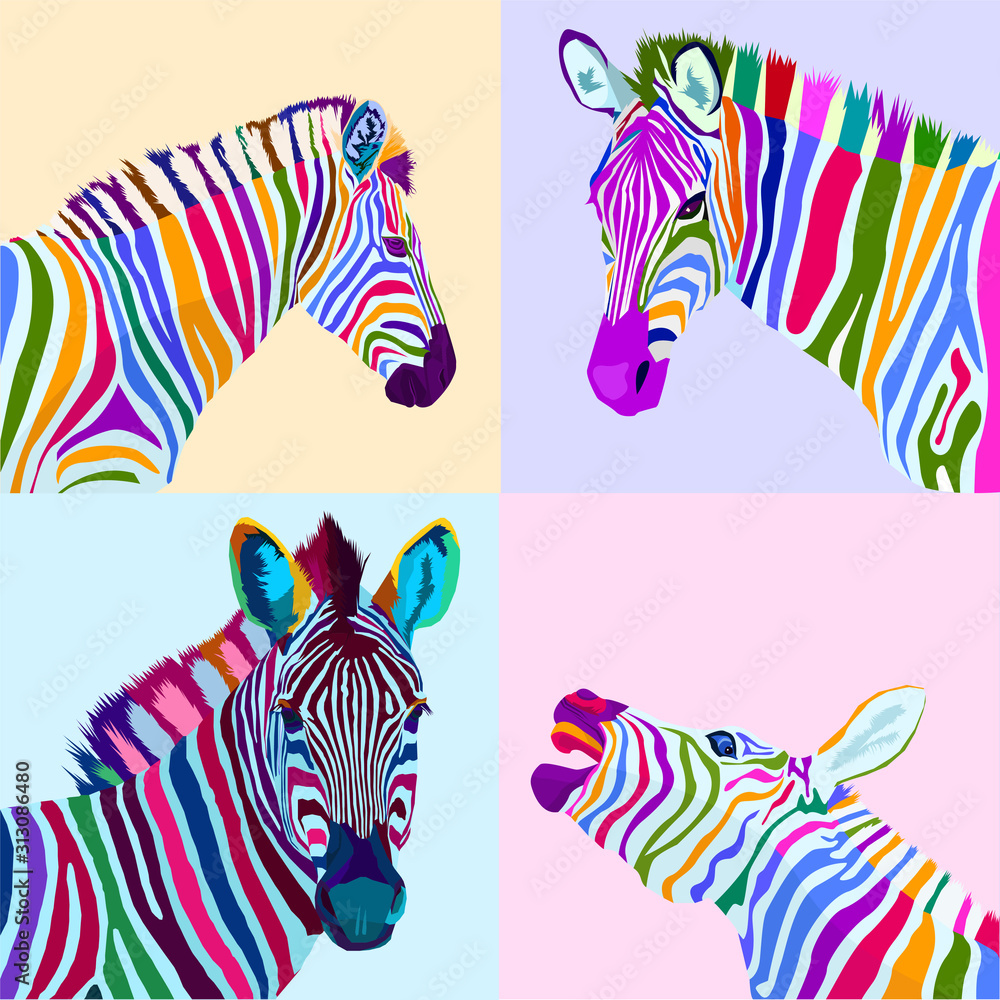 colorful set zebra pop art portrait vector ilustration can be used to design T-shirt, card, poster, invitation. Vector illustration Stock Vector | Adobe Stock
