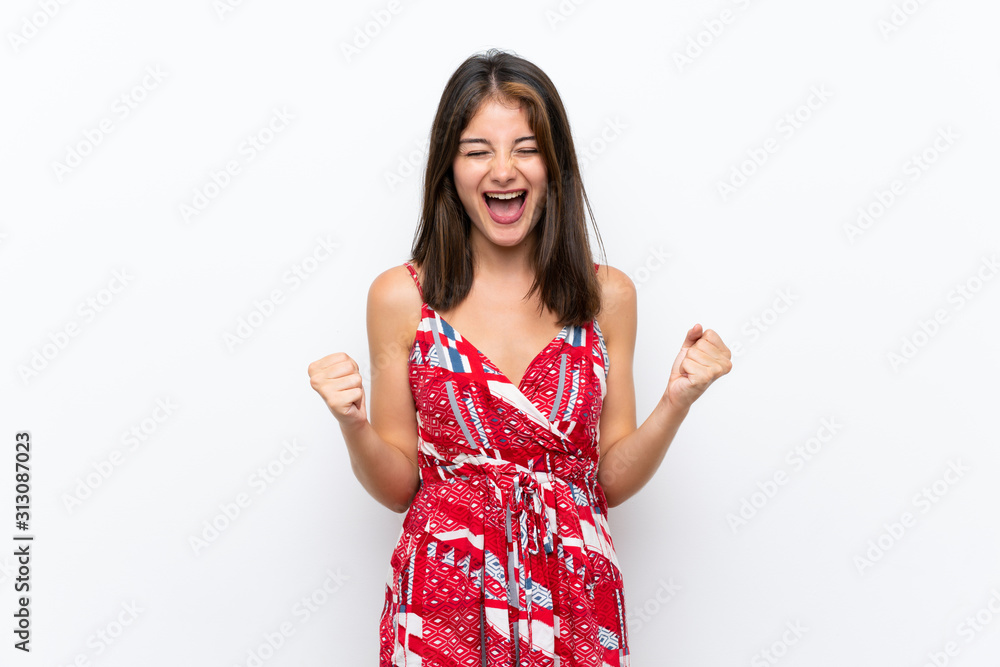 Caucasian girl in red dress over isolated white wall frustrated by a bad situation Caucasian girl in red dress over isolated white wall frustrated by a bad situation