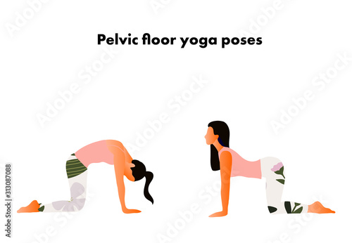 Pelvic floor yoga poses. Woman health. Yoga asanas. Exercises for mom to strengthen the pelvic floor muscles. Vector cartoon illustration. Kegel exercises.