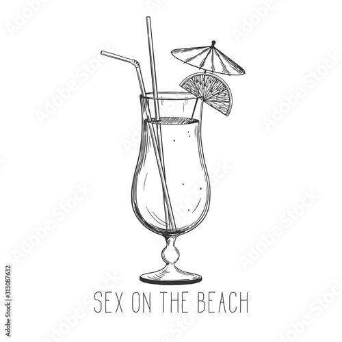 Alcoholic cocktail - sex on the beach with orange and umbrella isolated on white background. Hand-drawn vector illustration