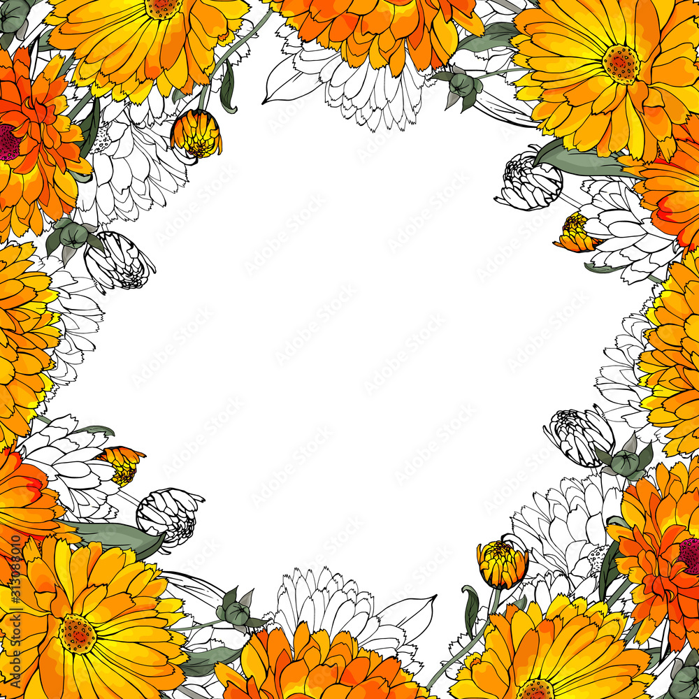 Obraz premium Floral frame of yellow, orange flowers calendula and green leaves on white background. Copy space. Hand drawn. For design, greeting cards, wedding invitations. Vector stock illustration.
