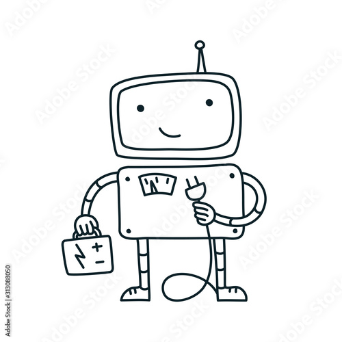 Robot electrician, electricity. Battery. Robot fix repair. Page not found error 404. Hand drawn sketch vector line contour.