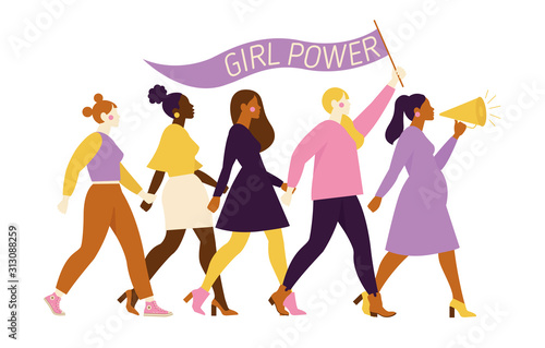 Happy women or girls standing together and holding hands. Group of female friends, union of feminists, sisterhood. Flat cartoon characters isolated on white background vector illustration.