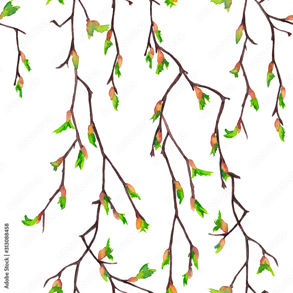 Naklejka Seamless continuous pattern of realistic birch branches in spring Easter time with blooming buds. Watercolor hand painted elements isolated on white background.