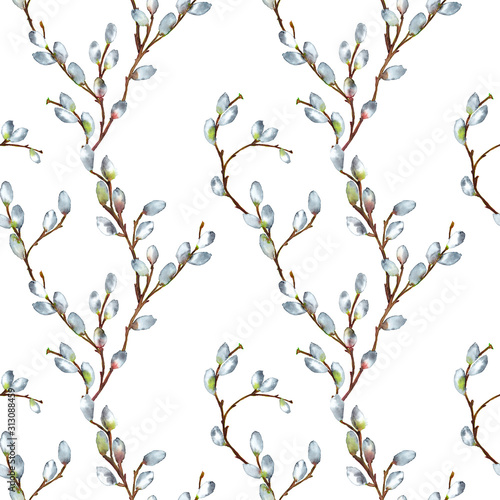 Seamless continuous pattern of realistic willow branches in spring Easter time with blooming buds. Watercolor hand painted elements isolated on white background.