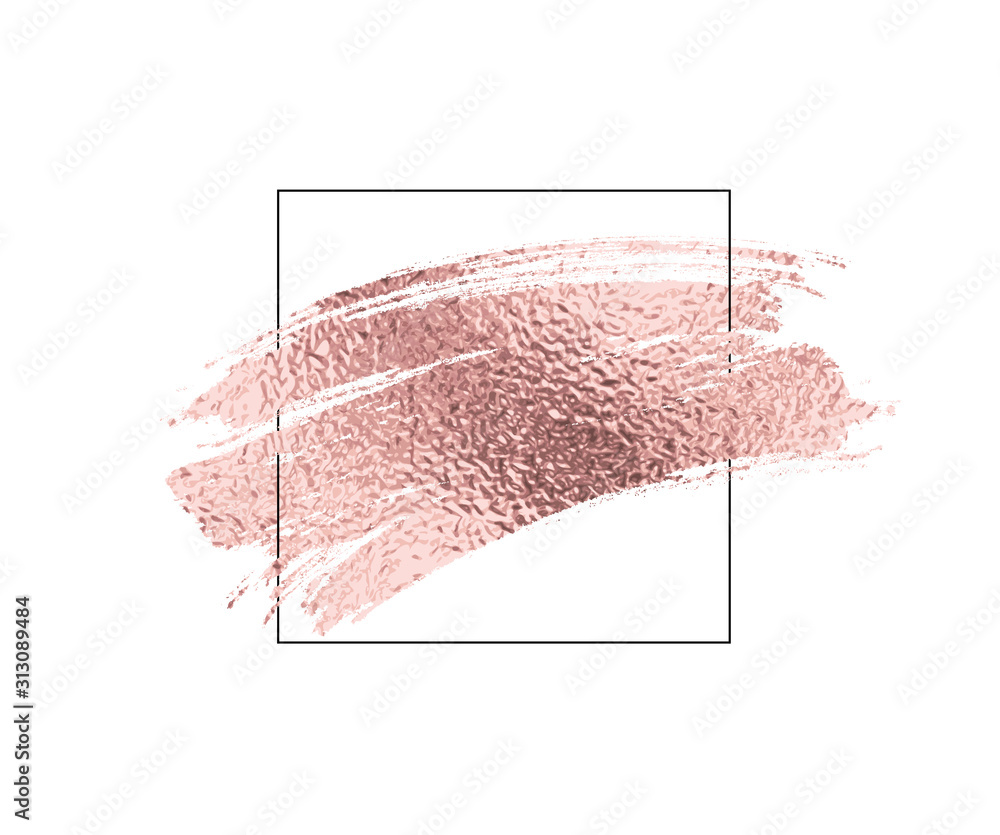 Rose gold foil brush stroke and border. Pink glossy scribble, grunge or smudge paint texture isolated on white background. Vector shiny metallic brushstroke with frame.. - obrazy, fototapety, plakaty 