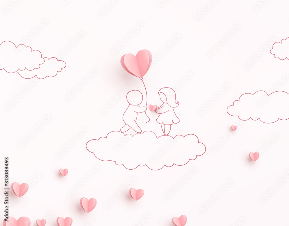 Hearts with man holding balloon and woman. Paper flying elements on sky background. Vector pink symbols of love for Happy  Valentine's Day greeting card design..