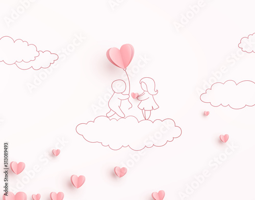 Hearts with man holding balloon and woman. Paper flying elements on sky background. Vector pink symbols of love for Happy  Valentine's Day greeting card design..