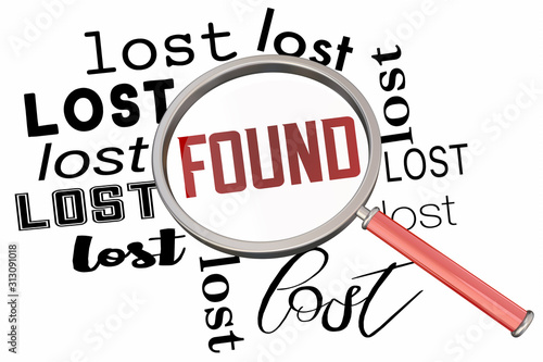 Fotografija Lost and Found Magnifying Glass Search Find Missing Item Words 3d Illustration