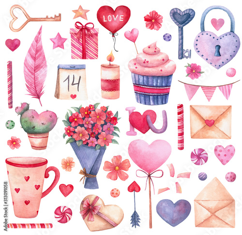 Big watercolor set of elements for Valentine's day. Hearts, flowers, garland, arrow, cake, lock, keys, envelope, cup.