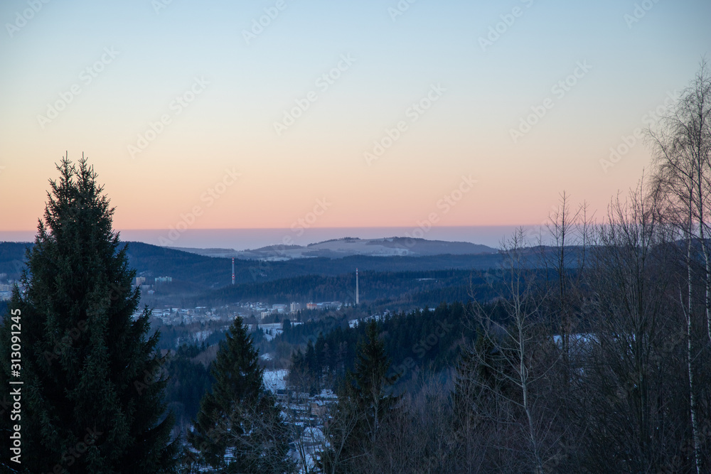 Fototapeta premium Dawn on the frozen mountains, Jizera Mountains