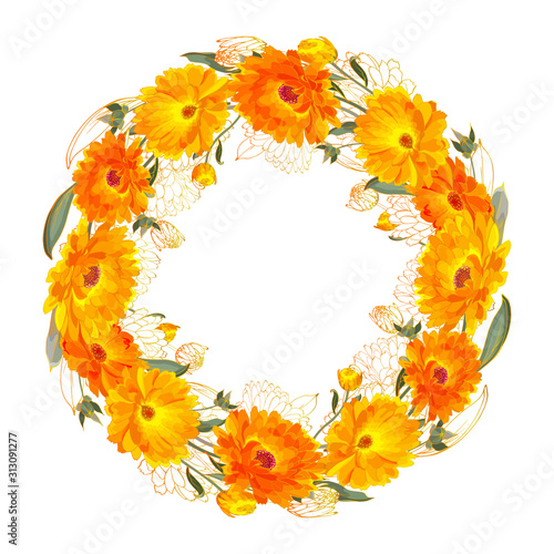 Bright wreath of yellow, orange flowers calendula and green leaves on white background.Copy space.Hand drawn.Round frame for your design, greeting cards, wedding invitations.Vector stock illustration.