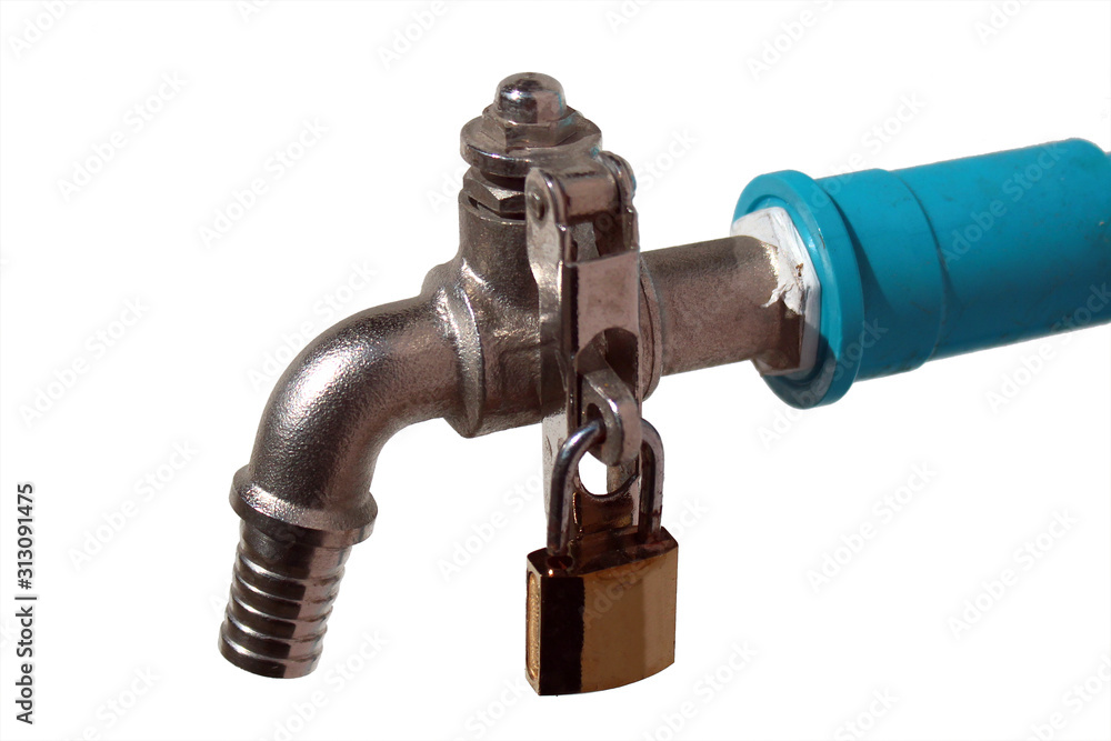 Water tap with padlock, isolated against white background. Water conservation concept.