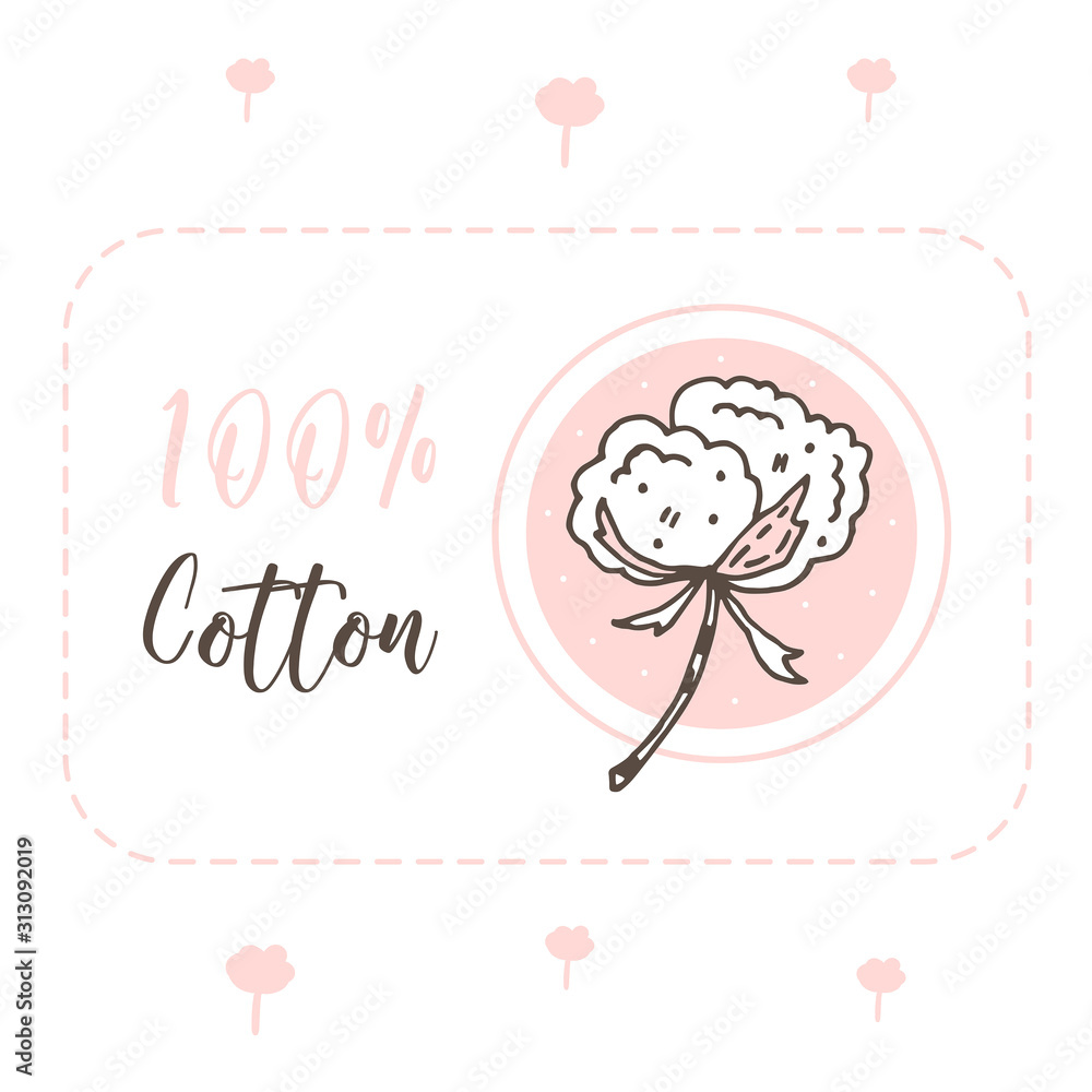 Cotton flower cute vector illustration, sketch, label, package design. Isolated on white background. Herbs. Organic ingredients. Eco friendly, vegan, vegetarian. Sticker, icon. Design elements.