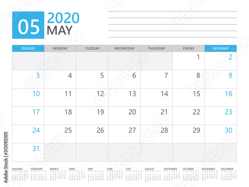 MAY 2020 calendar planner set for template corporate design week start on Sunday. desk calendar 2020 design, simple and clean design, 12 months yearly calendar set vector layout