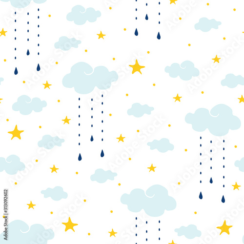 Seamless vector pattern with clouds, rain and stars on white background. Gentle night sky children wallpaper design. Ideal for fabric, baby clothes, children room decoration.