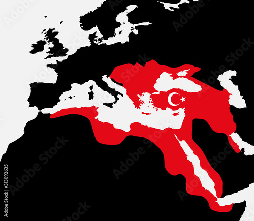 Ottoman empire as flag of Turkey and Turkish nation. Country and state is seizing and expanding to territory of Middle East, Europe and Africa. Vector illustration.