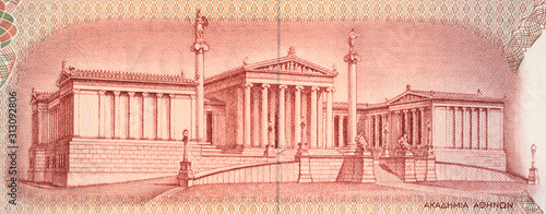 Academy of Athens on old Greece 10 drachma (1967). Greek university in Athens. Vintage engraving. photo