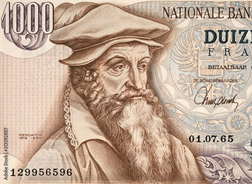 Foto Gerardus Mercator (1512 - 1594) portrait on Belgium 1000 francs (1965) banknote