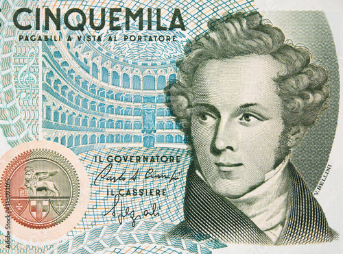Vincenzo Bellini portrait on Italy 5000 lira (1985) banknote. Famous Italian composer. Vintage engraving. photo