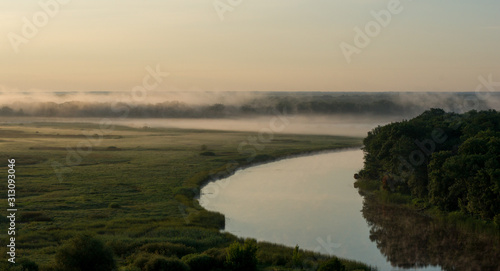 Summer morning fog over the river in the Voronezh region  nature of Russia.