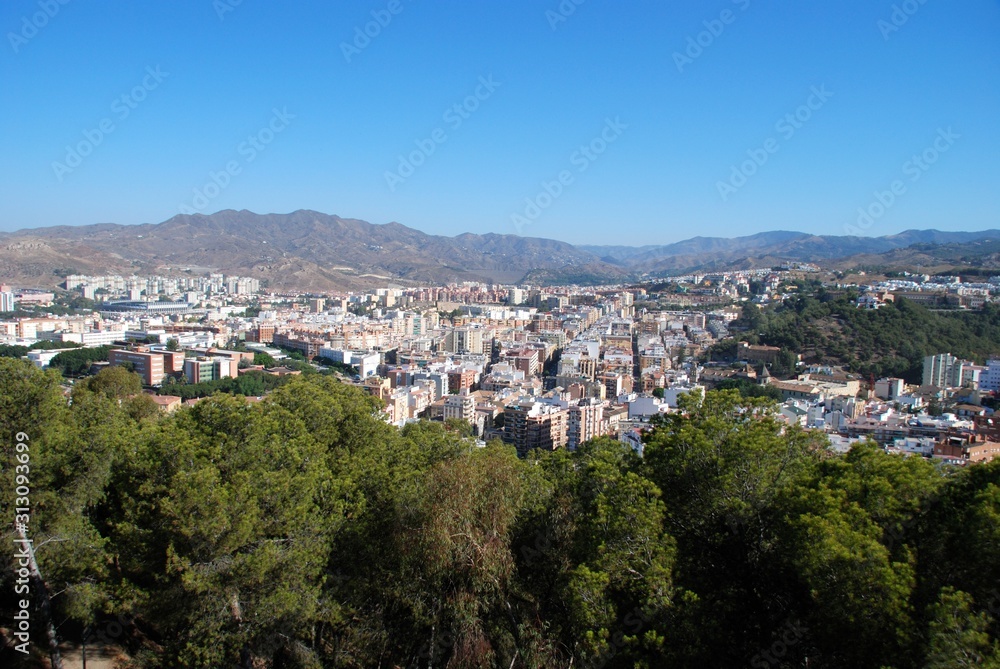 Elevated view over the city looking North West from the castle, Malaga, Spain.