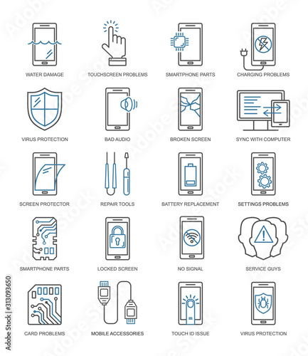 Mobile repair service line style icons set. Phone fix pattern. Smartphone common issues, repair and accessories logos. Mobile service thin line logotype and symbols. Electronic equipment, technology.
