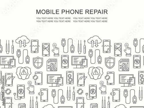 Mobile repair service, phone fix pattern with place for text. Smartphone common issues, repair, accessories background. Mobile service thin line flyer. Electronic equipment and technology