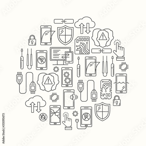 Mobile repair service, phone fix pattern with place for text. Smartphone common issues, repair, accessories background. Mobile service thin line flyer. Electronic equipment and technology