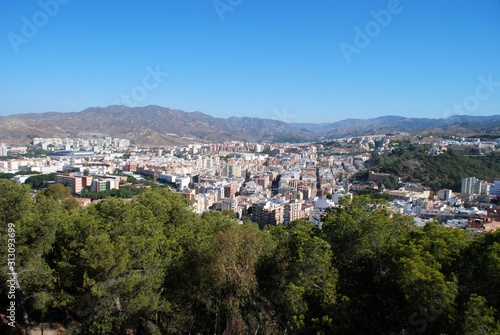 Elevated view over the city looking North West from the castle, Malaga, Spain. © arenaphotouk
