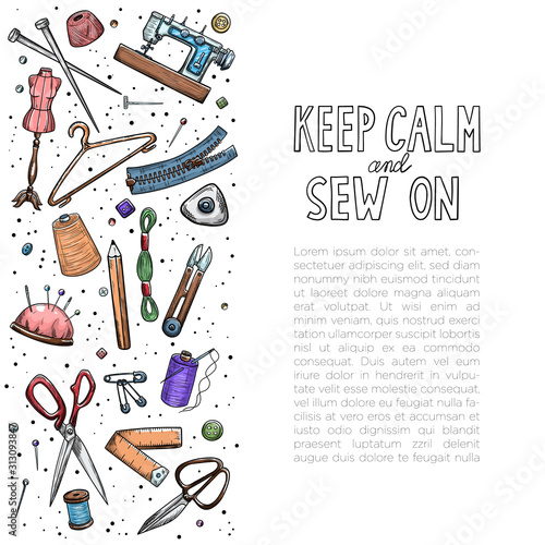 Tailor or dressmaker work and fashion designer atelier sketch items. Vector sewing illustration in retro vintage style