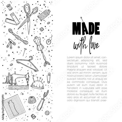 Tailor or dressmaker work and fashion designer atelier sketch items. Vector sewing illustration in retro vintage style