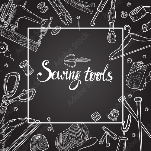 Tailor or dressmaker work and fashion designer atelier sketch items. Vector sewing illustration in retro vintage style on blackboard
