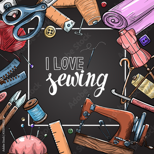 Tailor or dressmaker work and fashion designer atelier sketch items. Vector sewing illustration in retro vintage style on blackboard