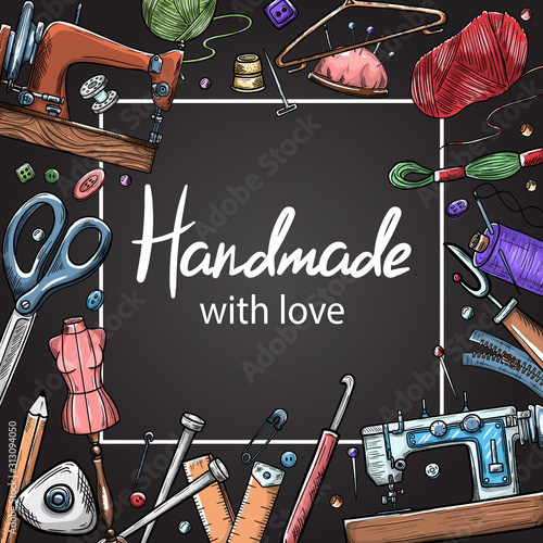 Tailor or dressmaker work and fashion designer atelier sketch items. Vector sewing illustration in retro vintage style on blackboard