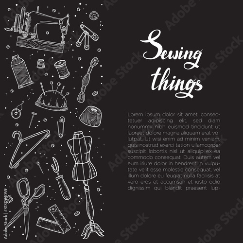 Tailor or dressmaker work and fashion designer atelier sketch items. Vector sewing illustration in retro vintage style on blackboard