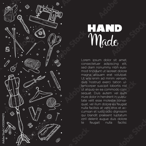 Tailor or dressmaker work and fashion designer atelier sketch items. Vector sewing illustration in retro vintage style on blackboard