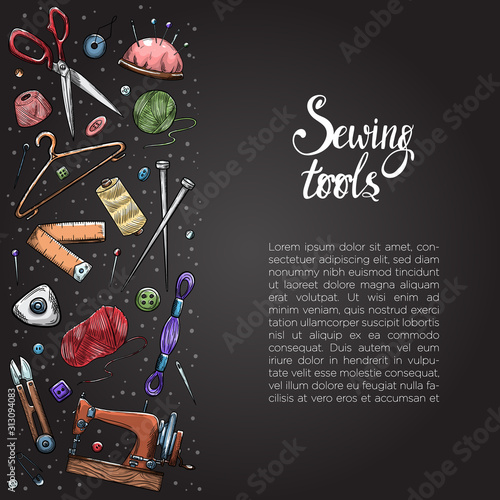 Tailor or dressmaker work and fashion designer atelier sketch items. Vector sewing illustration in retro vintage style on blackboard