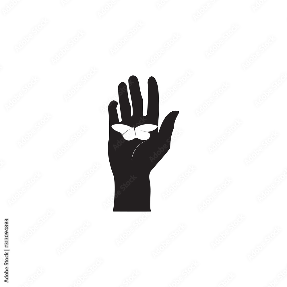 Simple modern negative space logo design of hand and butterfly for your human care idea . Simple modern negative space logo design of hand and butterfly for your human care idea .