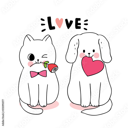 Cartoon cute Valentines day  cat and dog and heart and rose vector.