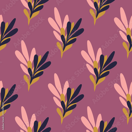 Seamless pattern with geometrical leaves in retro style. Design for fabric, textile print, wrapping paper. Vector illustration