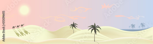 Nature panorama illustrating bright yellow desert under the sun. Three camels walk along the sand dunes towards the mirage, oasis far away. In the distance coconut trees and palms.  No people Vector.