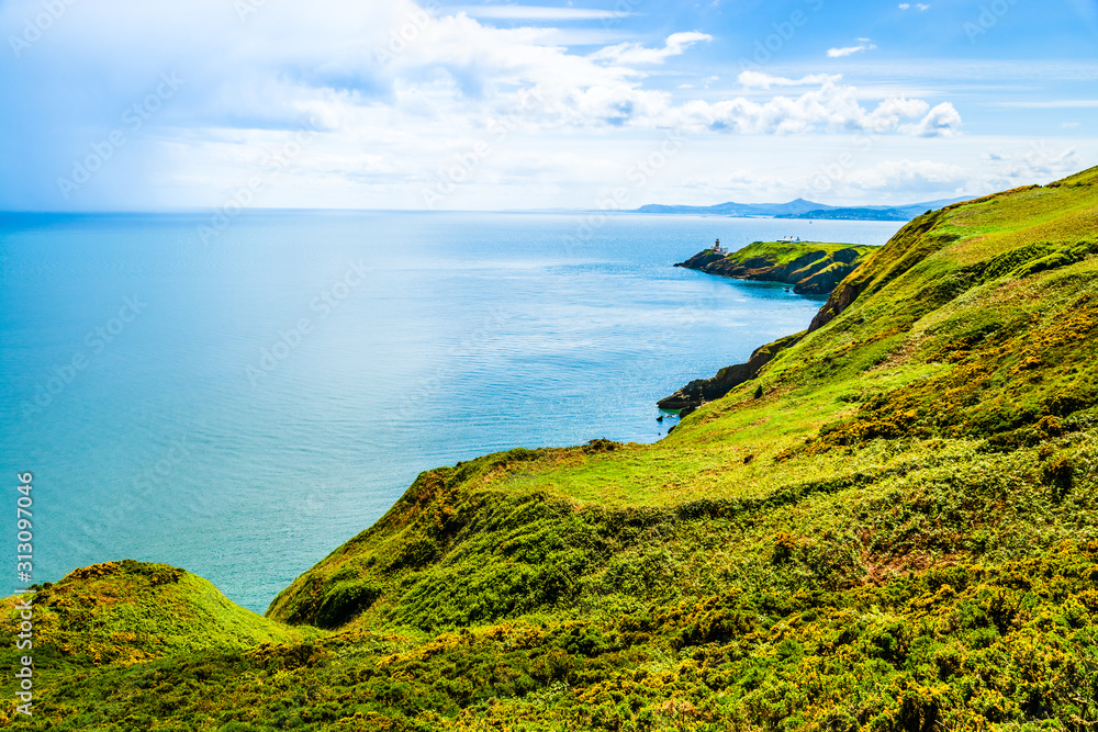 Beautiful landscape of the Atlantic Ocean shoreline and lighthouse. Clifftop trail on hills  covered in gorse yellow flowers on the Howth Peninsula, Ireland
