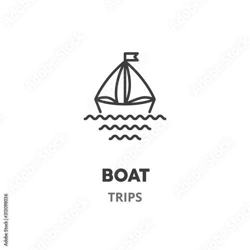 Boat thin line icon. Trip, adventure, rest, vector illustration, isolated on white background.